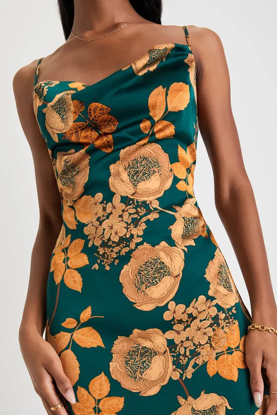 Favorite Icon Green Floral Satin Cowl Neck Slip Midi Dress sold by Lulus product image thumbnail 2
