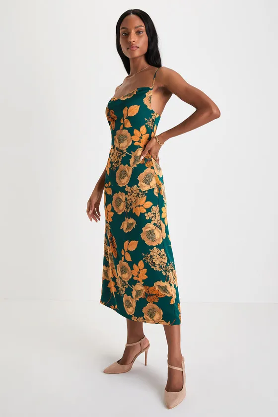 Favorite Icon Green Floral Satin Cowl Neck Slip Midi Dress sold by Lulus product image thumbnail 3