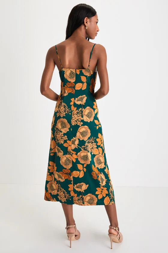 Favorite Icon Green Floral Satin Cowl Neck Slip Midi Dress sold by Lulus product image thumbnail 4