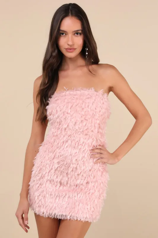 Glam Instinct Light Pink Fringe Strapless Bodycon Mini Dress sold by Lulus