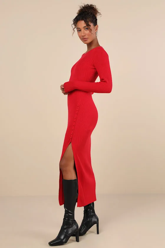 Refined Attitude Red Ribbed Side Button Midi Sweater Dress sold by Lulus product image thumbnail 2