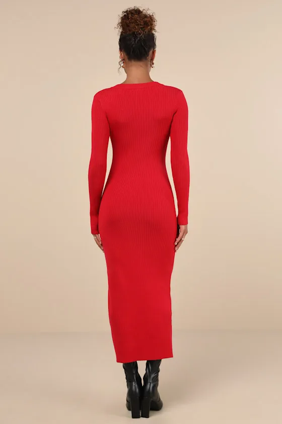 Refined Attitude Red Ribbed Side Button Midi Sweater Dress sold by Lulus product image thumbnail 3