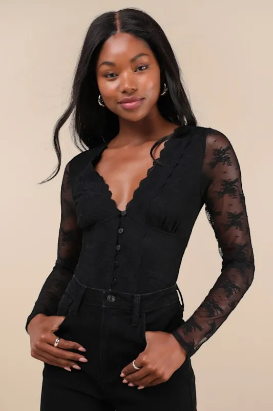 Decadently Sweet Black Lace Sheer Back Long Sleeve Top sold by Lulus
