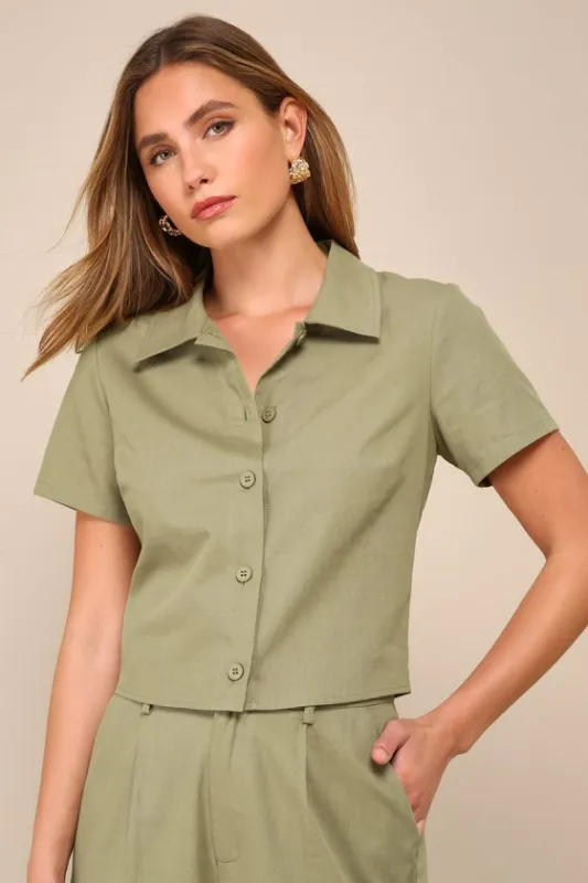 Complete Vibe Olive Green Cotton Button-Up Short Sleeve Top sold by Lulus