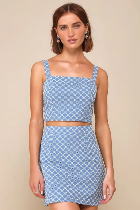 Sunny Concept Blue Embroidered High-Rise Mini Skirt sold by Lulus