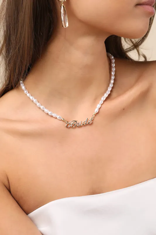 Destined Shine Gold Pearl Bride Script Necklace made by Lulus