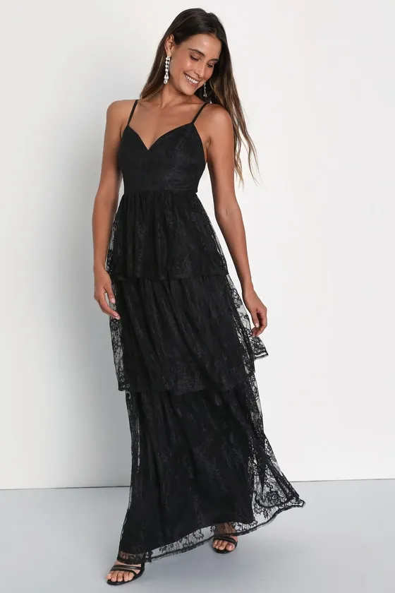 Tier I Go Black Lace V-Neck Sleeveless Tiered Maxi Dress sold by Lulus