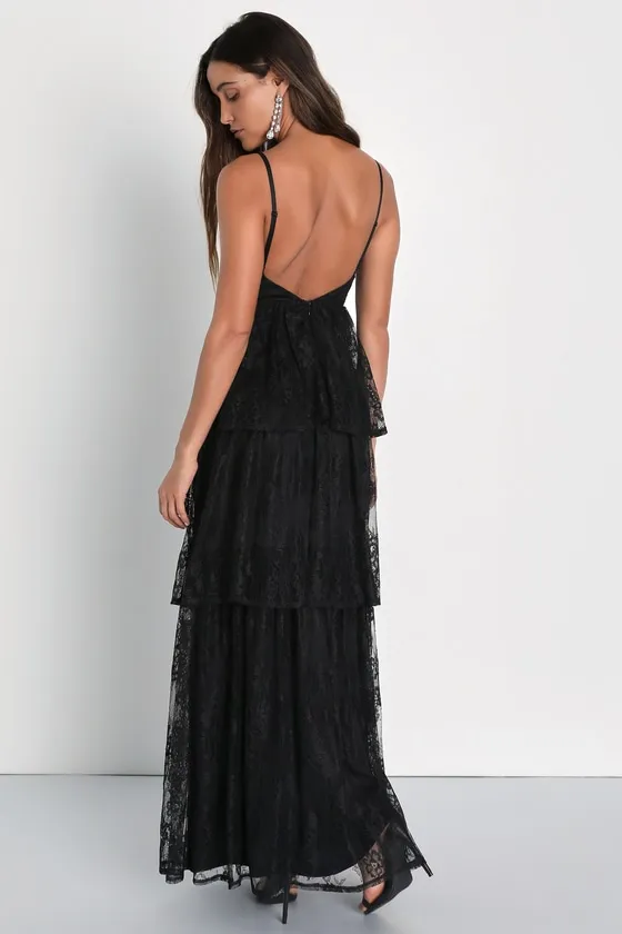 Tier I Go Black Lace V-Neck Sleeveless Tiered Maxi Dress sold by Lulus product image thumbnail 2