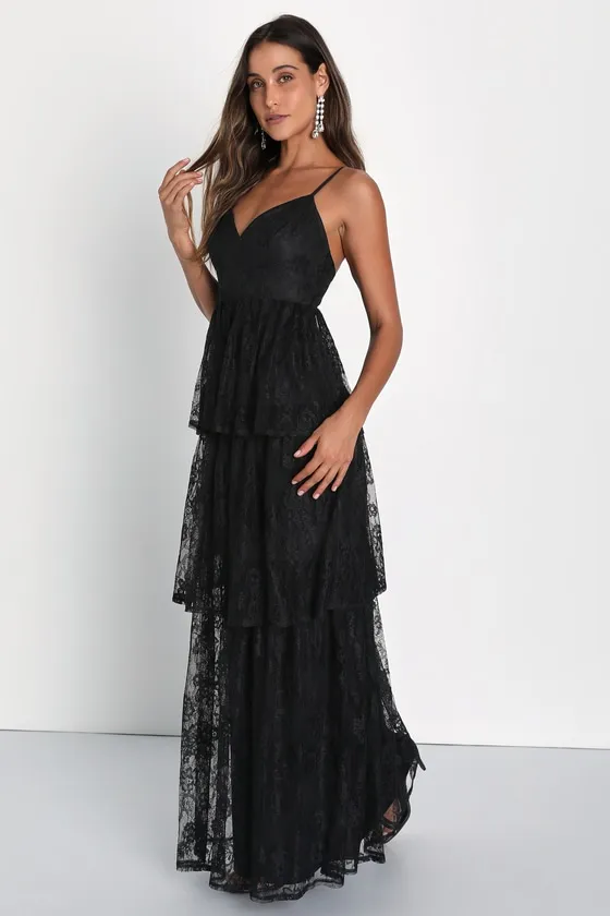 Tier I Go Black Lace V-Neck Sleeveless Tiered Maxi Dress sold by Lulus product image thumbnail 4