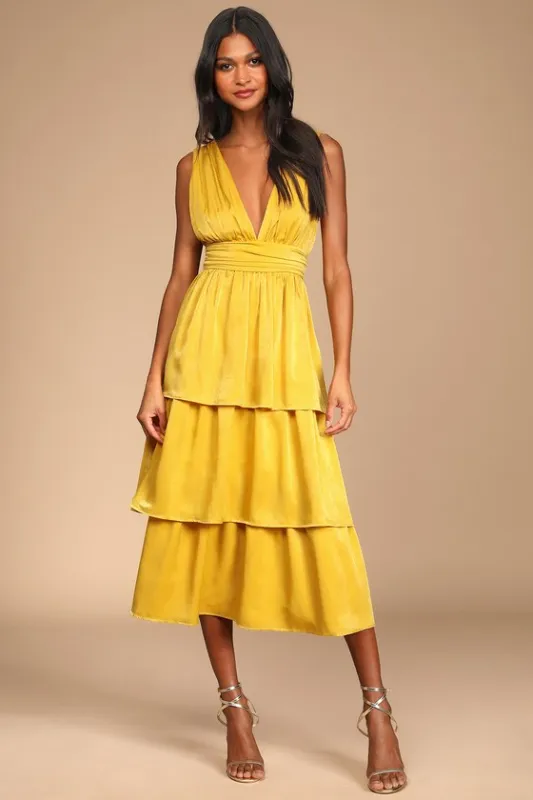 Peak Party Vibe Mustard Yellow Satin Tiered Tie-Back Midi Dress sold by Lulus