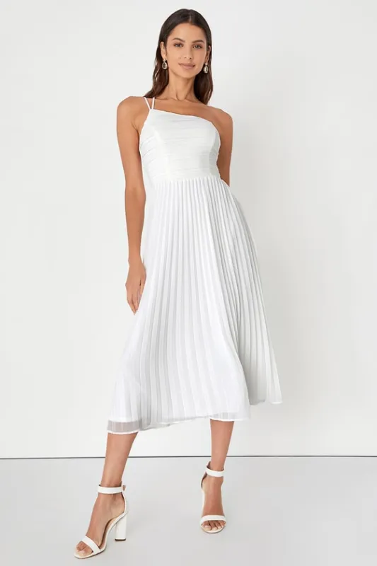 Wondrous Muse White Pleated One-Shoulder Midi Dress sold by Lulus