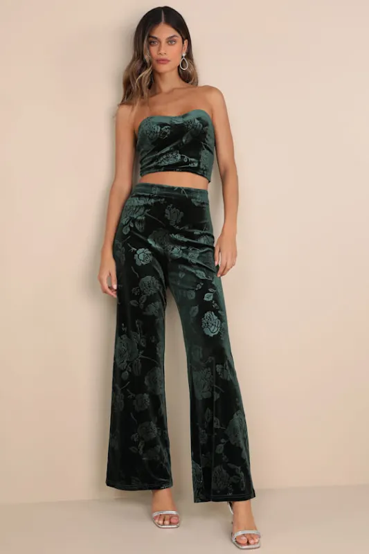 Sensational Attitude Emerald Green Burnout Velvet Wide-Leg Pants sold by Lulus