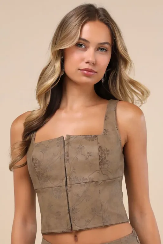 Coveted Brown Floral Vegan Leather Bustier Crop Top sold by Lulus