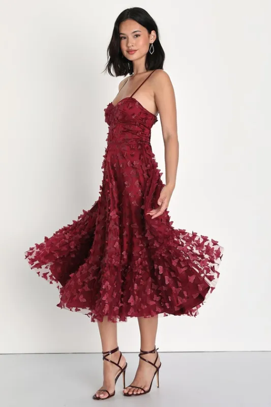Time to Fly Burgundy Butterfly Lace-Up Midi Dress sold by Lulus