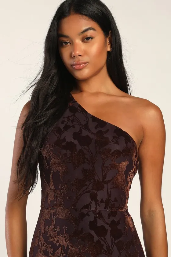 Marvelous Moi Dark Plum Burnout Velvet One-Shoulder Maxi Dress sold by Lulus product image thumbnail 3