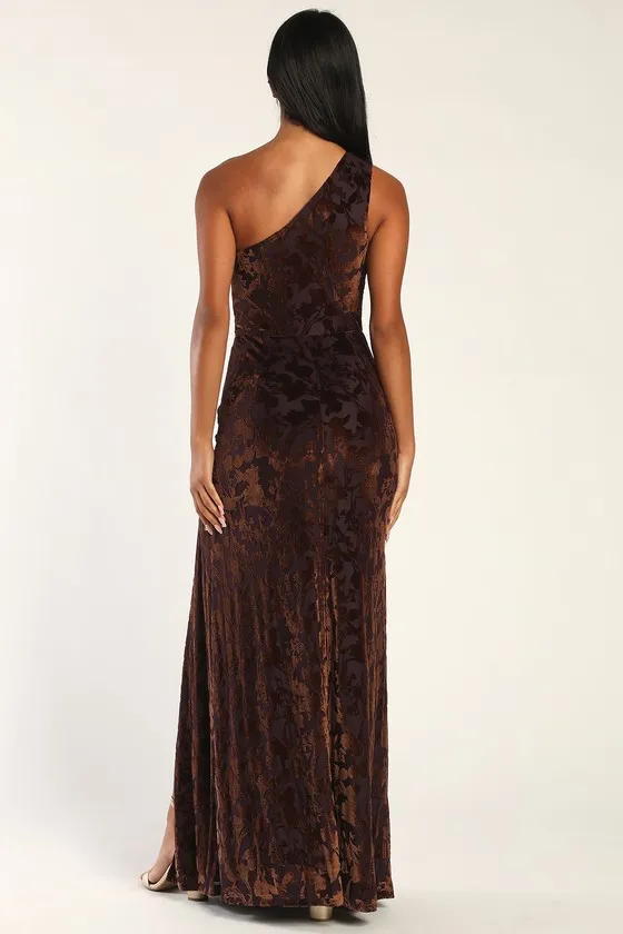 Marvelous Moi Dark Plum Burnout Velvet One-Shoulder Maxi Dress sold by Lulus product image thumbnail 4