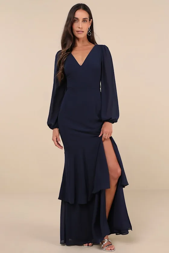 Tier Elegance Navy Long Sleeve Tiered Maxi Dress sold by Lulus