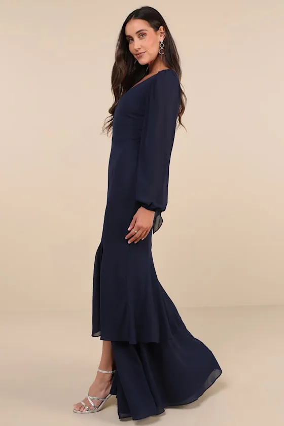 Tier Elegance Navy Long Sleeve Tiered Maxi Dress sold by Lulus product image thumbnail 2
