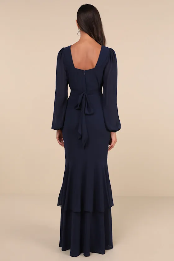 Tier Elegance Navy Long Sleeve Tiered Maxi Dress sold by Lulus product image thumbnail 3