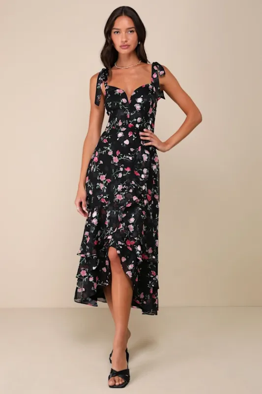 So Elevated Black Floral Jacquard Tie-Strap High-Low Midi Dress sold by Lulus
