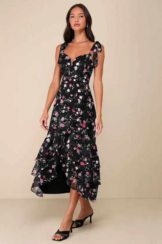 So Elevated Black Floral Jacquard Tie-Strap High-Low Midi Dress sold by Lulus product image thumbnail 2