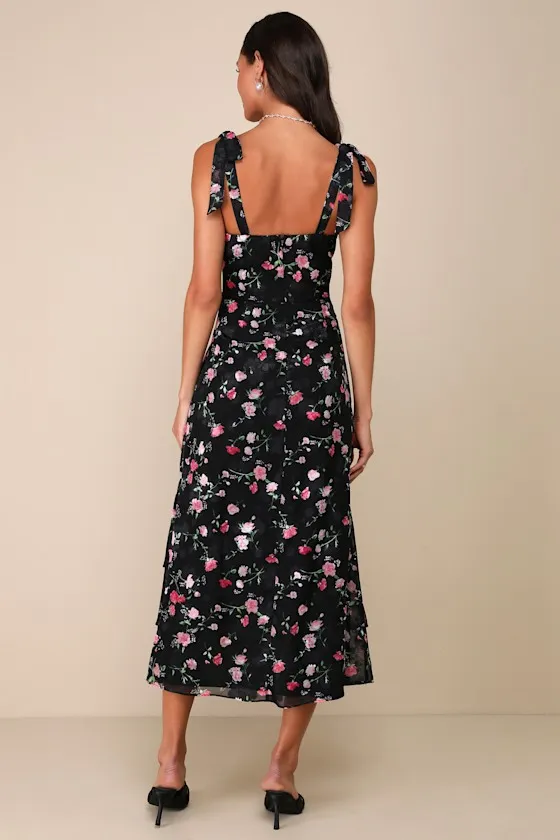 So Elevated Black Floral Jacquard Tie-Strap High-Low Midi Dress sold by Lulus product image thumbnail 3