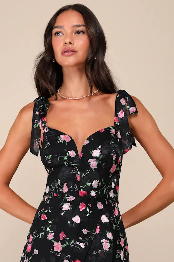 So Elevated Black Floral Jacquard Tie-Strap High-Low Midi Dress sold by Lulus product image thumbnail 4