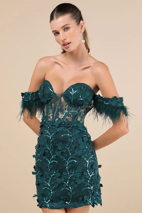 Midnight Sparkle Emerald Embroidered Feather Bustier Mini Dress sold by Lulus