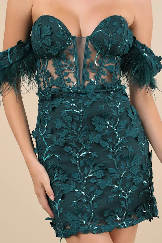 Midnight Sparkle Emerald Embroidered Feather Bustier Mini Dress sold by Lulus product image thumbnail 4