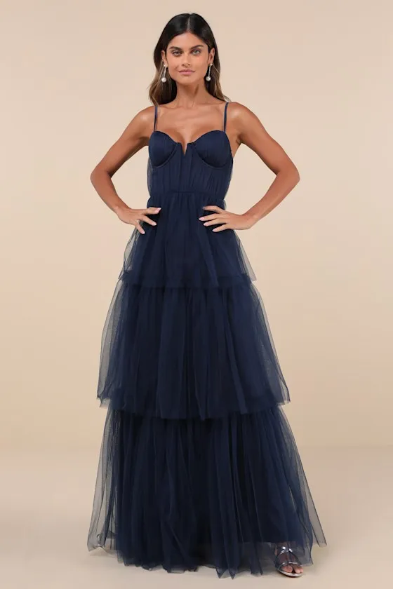 Unforgettable Poise Navy Blue Tulle Bustier Tiered Maxi Dress sold by Lulus