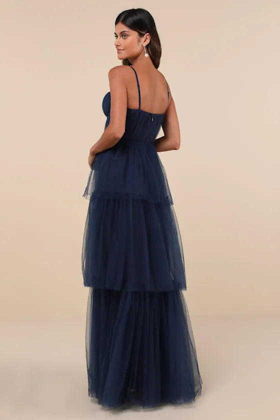 Unforgettable Poise Navy Blue Tulle Bustier Tiered Maxi Dress sold by Lulus product image thumbnail 2