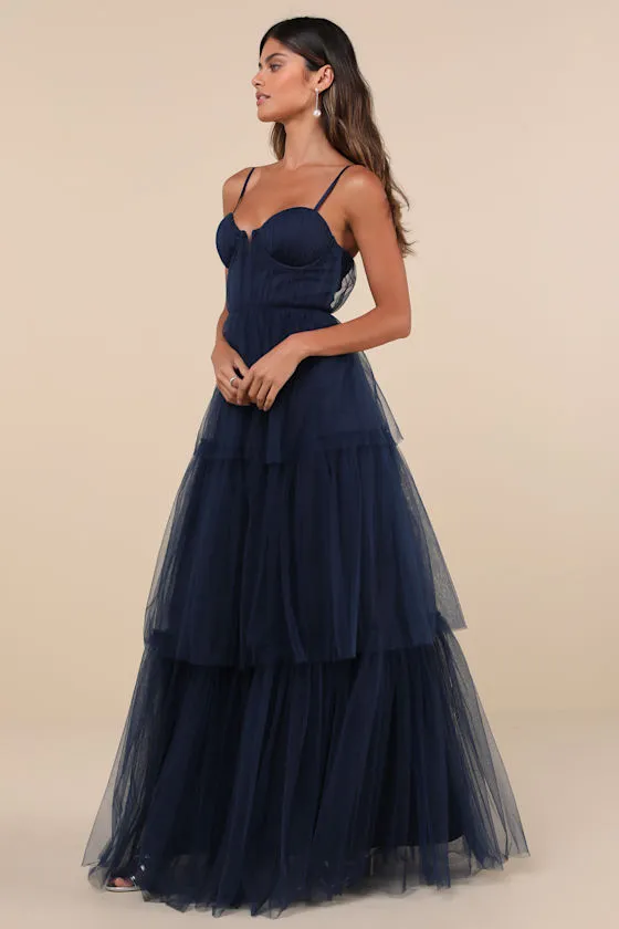 Unforgettable Poise Navy Blue Tulle Bustier Tiered Maxi Dress sold by Lulus product image thumbnail 3