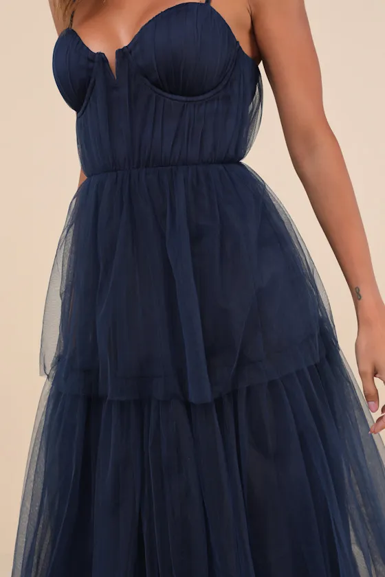 Unforgettable Poise Navy Blue Tulle Bustier Tiered Maxi Dress sold by Lulus product image thumbnail 4
