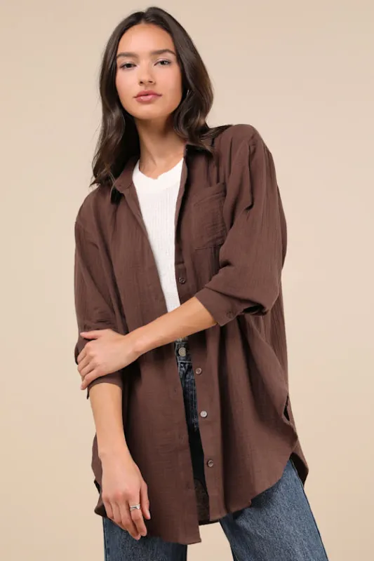 Easy To See Dark Brown Oversized Button-Up Top sold by Lulus