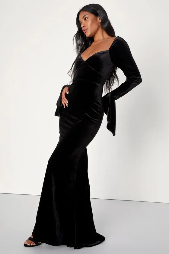 Dramatic Instincts Black Velvet Bell Sleeve Mermaid Maxi Dress sold by Lulus product image thumbnail 3