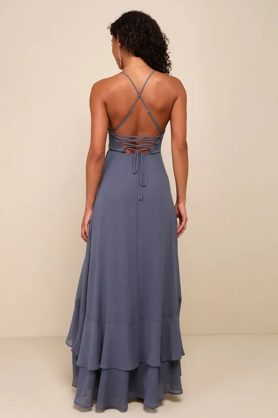 In Love Forever Granite Blue Lace-Up High-Low Maxi Dress sold by Lulus product image thumbnail 2