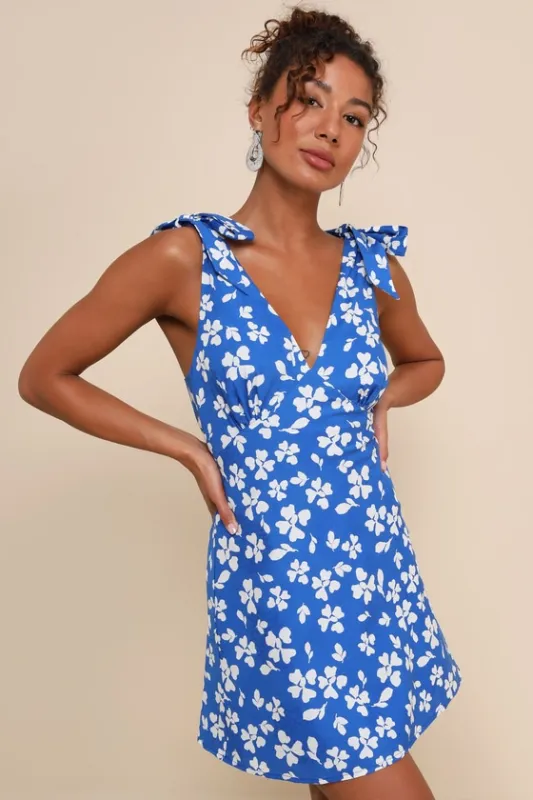 Bright Affection Cobalt Blue Floral Tie-Strap Mini Dress sold by Lulus