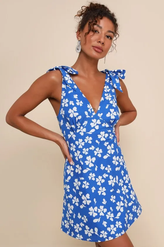 Bright Affection Cobalt Blue Floral Tie-Strap Mini Dress sold by Lulus