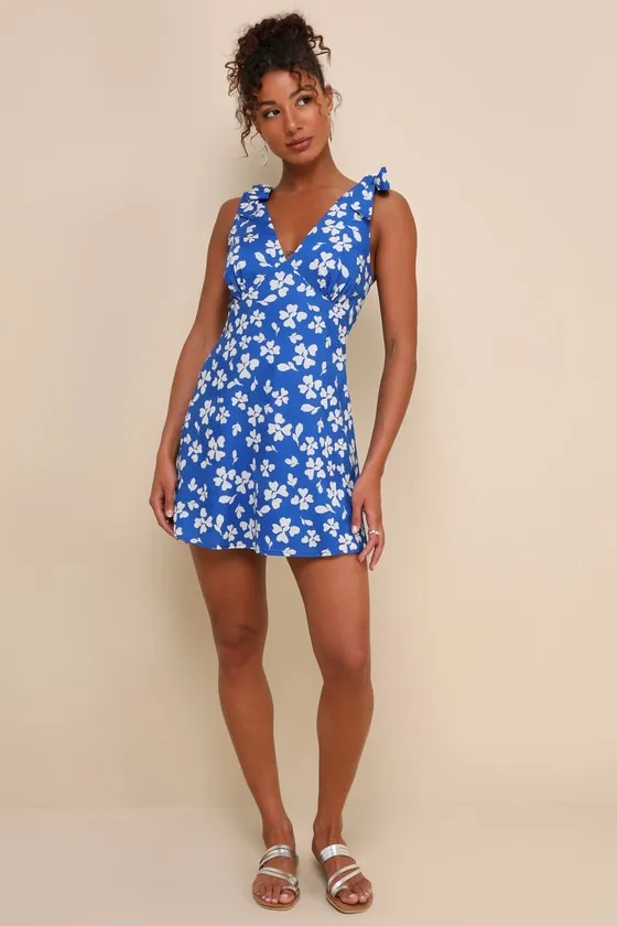 Bright Affection Cobalt Blue Floral Tie-Strap Mini Dress sold by Lulus product image thumbnail 3