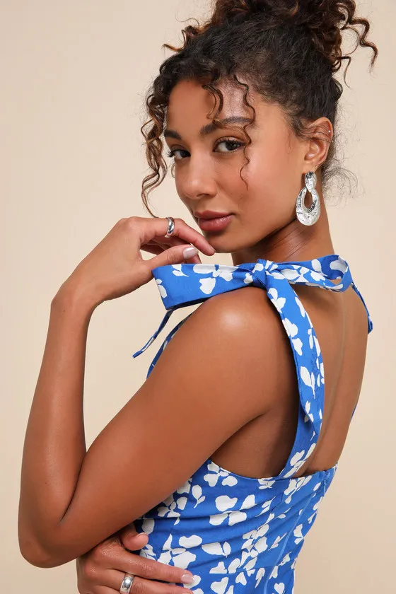 Bright Affection Cobalt Blue Floral Tie-Strap Mini Dress sold by Lulus product image thumbnail 4