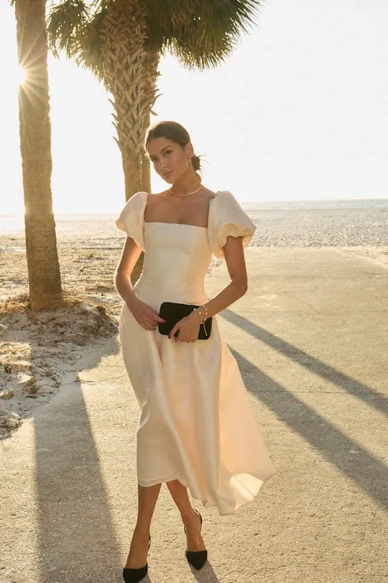 Exclusive Charm Cream Taffeta Puff Sleeve Midi Dress sold by Lulus