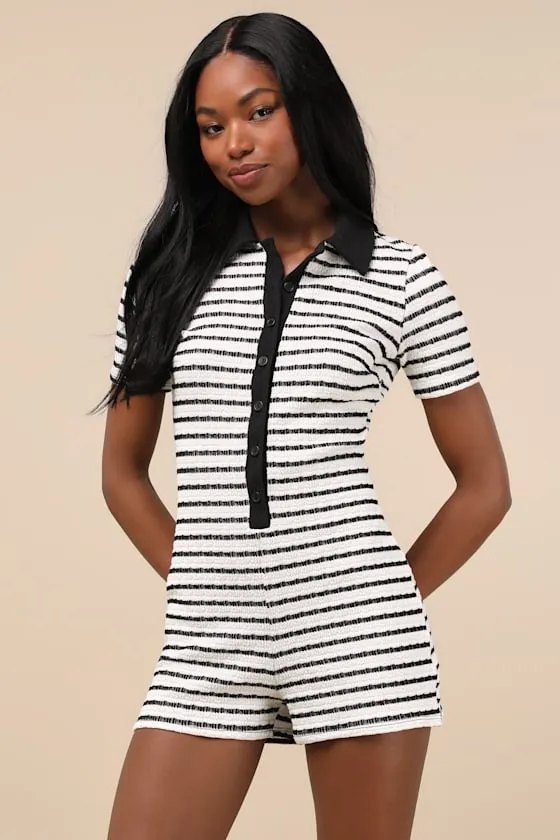 Adorably Playful White and Black Striped Textured Romper sold by Lulus