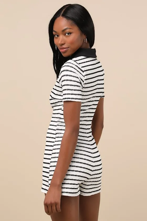 Adorably Playful White and Black Striped Textured Romper sold by Lulus product image thumbnail 2