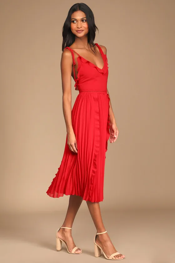 Never a Dull Moment Bright Red Tie-Strap Pleated Midi Dress sold by Lulus