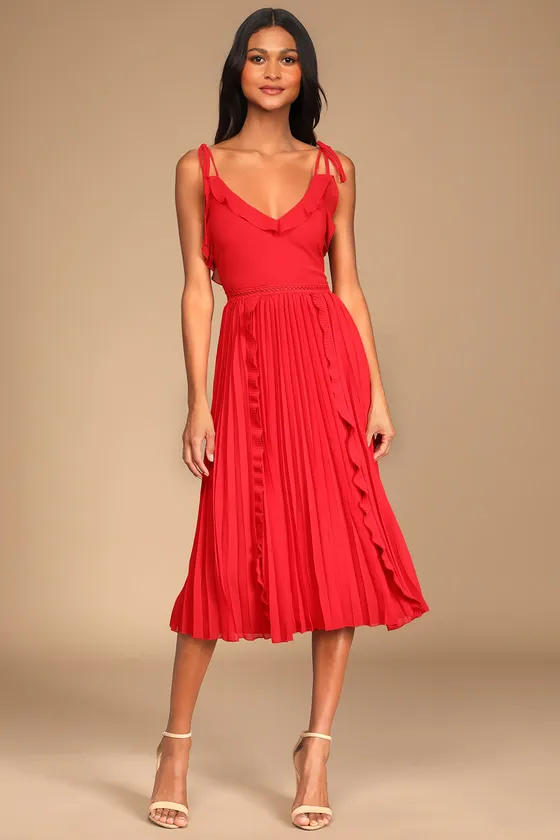 Never a Dull Moment Bright Red Tie-Strap Pleated Midi Dress sold by Lulus product image thumbnail 2