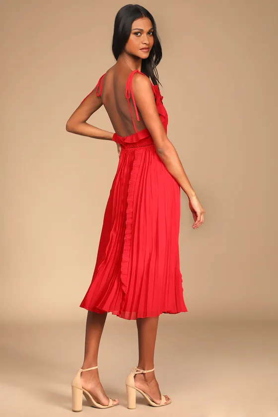 Never a Dull Moment Bright Red Tie-Strap Pleated Midi Dress sold by Lulus product image thumbnail 3
