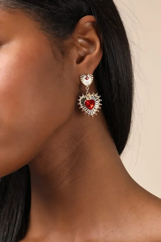 Radiant Sensation Gold Rhinestone Heart Drop Earrings sold by Lulus