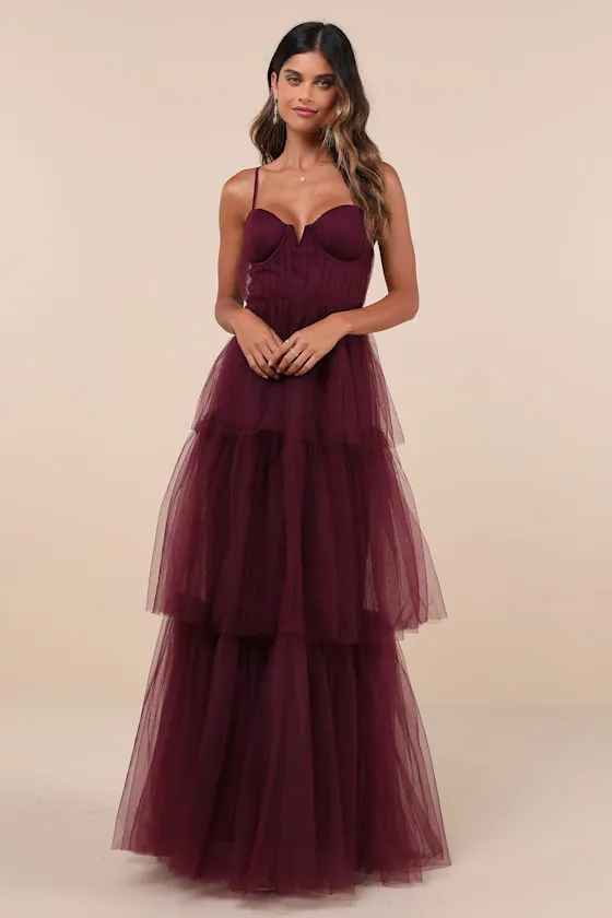 Unforgettable Poise Plum Purple Tulle Bustier Tiered Maxi Dress sold by Lulus