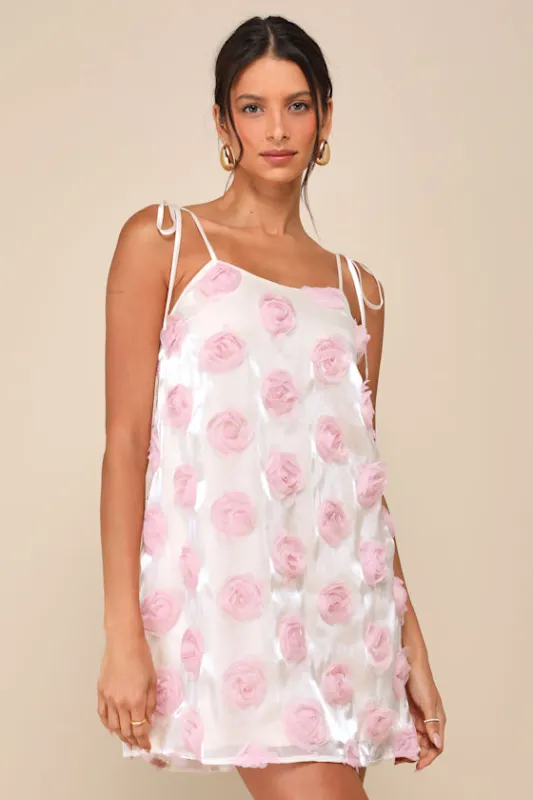 Luminous Glow Shiny Ivory Rosette Tie-Strap Mini Dress sold by Lulus
