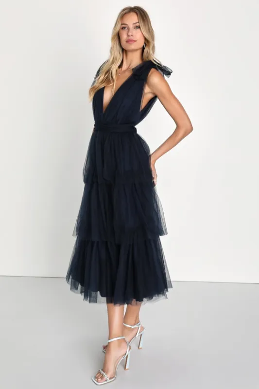 Flawless Arrival Navy Blue Tulle Tie-Strap Tiered Maxi Dress sold by Lulus